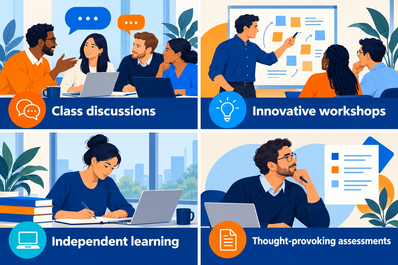 Four ways you learn at TITAN: class discussions, innovative workshops, independent learning and thought-provoking assessments